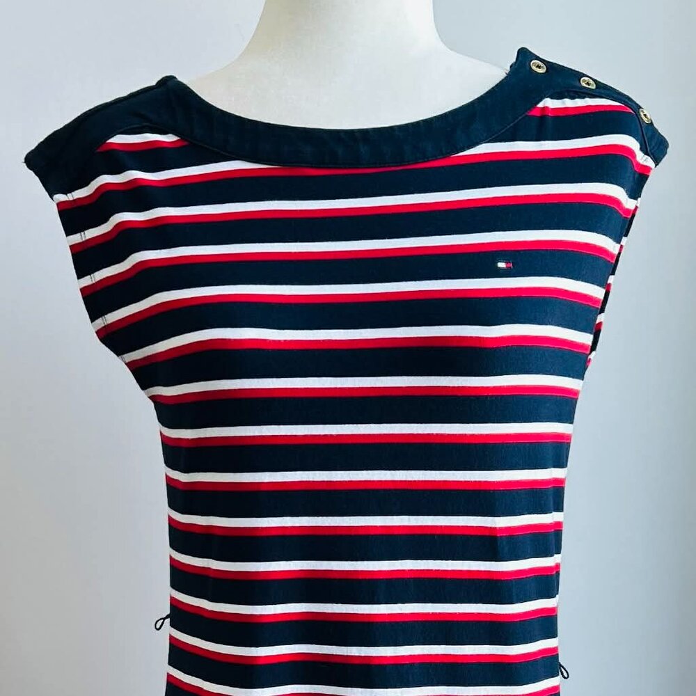 Tommy Hilfiger Navy Red & White Striped Boatneck Jersey T-Shirt Dress – US XS